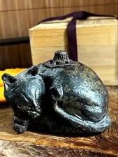 Old Bizen Ware Incense Burner, Sleeping Cat, W3.9 x H2.9 inch Japanese antique