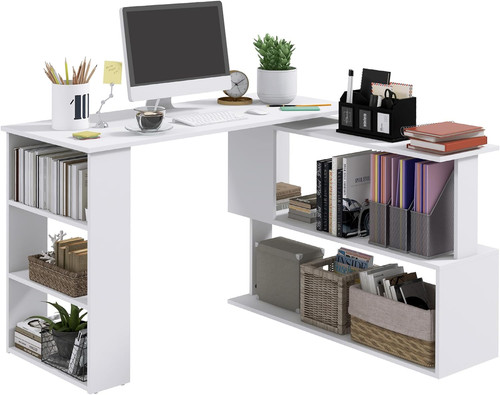 Shaped desk with bookshelf - l,