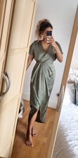 Olive Green Satin Ruched Bridesmaid Midi Dress, Size M (UK Size 10)