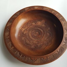 Folk Art Wooden Bowl 25cm vintage carved motifs handcrafted Central Europe