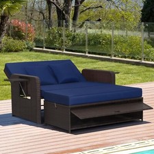 COSTWAY 2 IN 1 Patio Rattan Daybed Set Wicker Loveseat Sofa Sun Bed Lounger