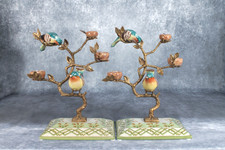 Stunning Rare Pair Of William Lowe Bronze Trees With Porcelain Birds & Nests