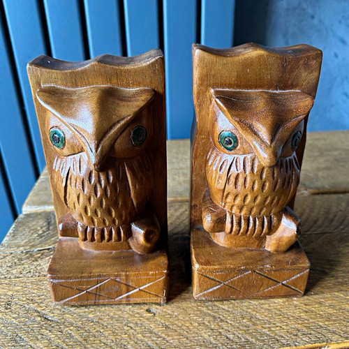 Carved wooden owl bookends - carved,
