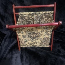 Tapestry Knitting Sewing Basket Folding Dark Wood Frame Inner Pocket Vintage 