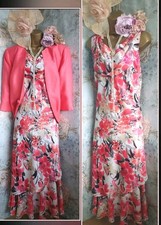 Jacques Vert Cream Pink Coral Bias Dress Jacket Wedding Occasion Evening 16 18