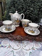 1920s Antique Crinoline Lady's Tea set For 2 Coffee Pot,cups.milk Jug