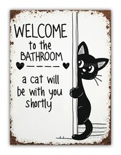 Funny Black Cat Welcome Toilet Metal Sign Bathroom Wall Door