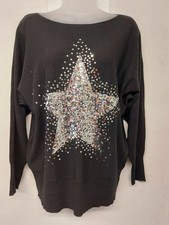 Ladies Jumper Size 14 - 16 Nlack Silver Sequins Star Long Sleeve Soft Stretch