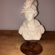 Marble Figurine bust Lady Wearing A  Hat Portrait On Wooden Stand.
