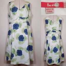 Boden Riviera Dress Blue Green Cream Floral Sleeveless Cotton Womens Size 12L