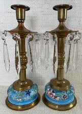 Pair of Antique LONGWY Candlesticks French Enamel Pottery Brass Prisms READ