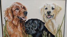2 Labradors & Golden Retriever Completed Large Cross Stitch Ready to Frame, Rare