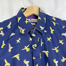 Superb Claudio Lugli Shirt Mens Medium Blue Bird Print Pattern Italy Cotton.