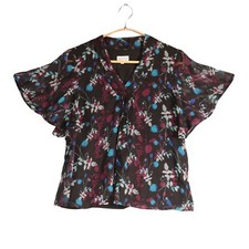 Brora Blouse Size UK 8 Black Liberty Silk Chiffon Floral Fluted Flutter Sleeve