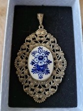 Antique Pendant Filligree Silver & Porcelain Large Pendant Delft? Unsigned 7.3g