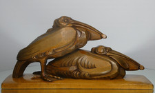 Large Vintage Carved Wood Art Deco Pelican Sculpture. Manner of Charles Artus.