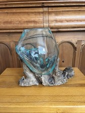 Molten Glass Bowl On Driftwood Root Stand Decorative Rustic Wood Large Size