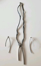 Fossil Set Ribbon Bar Two Part Stud Earrings + Leather Necklace Wishbone Pendant