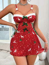 Christmas Mesh Splicing Exposed Back Role Playing Lace Hollow Bow Nightgown Set.