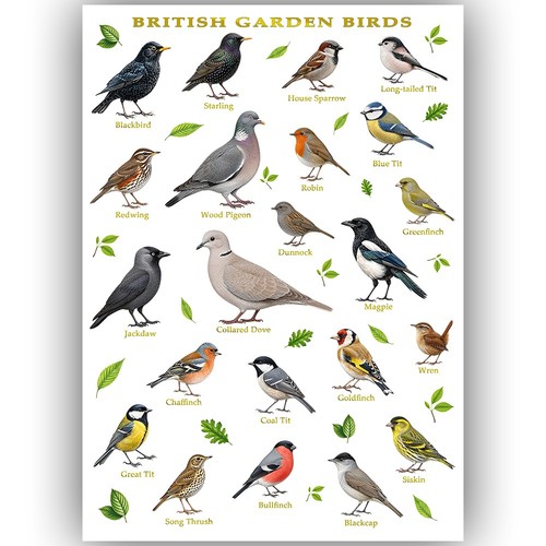 British garden birds poster - british, a3