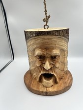 Wooden Hand Carved Stunning Hanging Bird Box House Face Design Tree Trunk