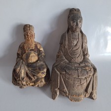 A Pair of Ancient Wooden Carvings - Guanyin and Tudigong - Poor Condition