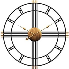 60cm/24in Large Black & Brass Skeleton Metal Oversized Kitchen Wall Clock Retro