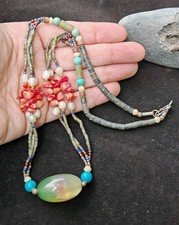 Green Serpentine jade heishi lapis garnet agate Afghan gemstone bead necklace
