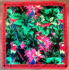 Love Moschino Rare & Vintage Large Silk Neck Scarf Square Red Parrot Rainforest