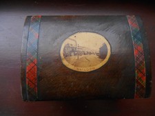 vintage wood tartanware money box souvenir of SHILDON DURHAM
