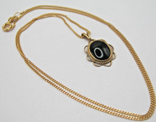 Vintage Genuine Whitby Jet 9k Yellow Gold Pendant & Chain Hand Made In Whitby