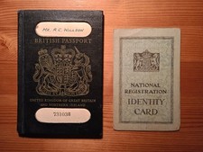 Vintage British passport issued 1959 and WW2 National Registration identity card