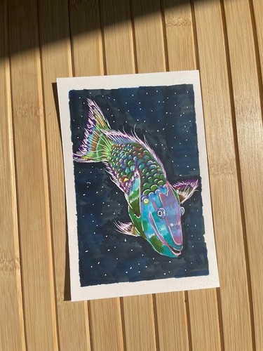 Original painting parrot - painting, fish