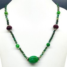 Natural Emerald & Ruby Designer Necklace Cabochon Beads 925 Silver Clasp