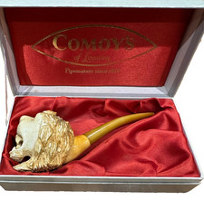 Antique carved COMOYS meerschaum pipe LION HEAD with amber colour stem,