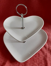 2 Tier Heart Shaped White Cake Stand, Porcelain / Ceramic & Metal