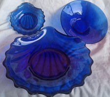 Job lot 3 vintage cobalt blue glass bowls large& heavy 2 scallop shell + 1 plain