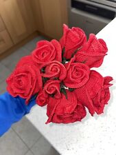 ?Set of 10 Ten Hand Crocheted Long Stemmed Red Roses. Valentines Day?