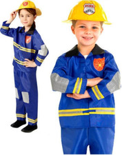 Fire Fighter Kids Fancy Dress Fireman Uniform Boys Girls Childrens Costume + Hat