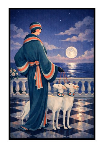 Art deco lady with borzoi - with,