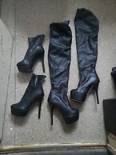 2X PVC KINKY  HI HEELED BOOTS  THIGH HI & ANKLE  HI UK 2 /34 (USED)