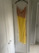 ZARA Ladies Nude & Yellow Asymmetric Satin Slip Dress Cowl Neck S