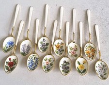 GOOD CASED SET 12 VINT. SOLID SILVER- GILT/ENAMEL  TEA SPOONS. 140gms. BIRM.1966