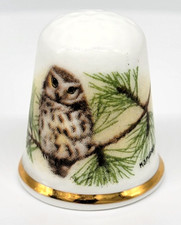 Owl On Branch Thimble Oakley Bone China England Gold Gilt Vintage MJ Pledger
