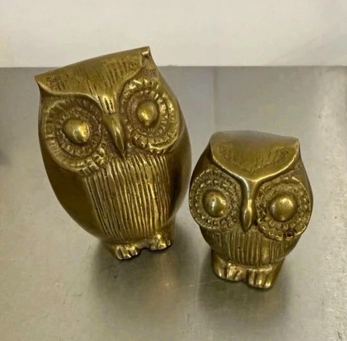 Pair metal owl figurine - of,