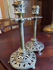 Antique Brass Victorian Candlesticks Gothic Pugin Style Ornate Stunning!