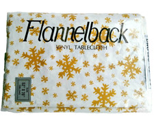 Christmas Flannelback Vinyl White Tablecloth Gold Tone Snowflakes Xmas 52 x 70"