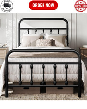 3Ft Single Bed Frame Vintage Iron Platform Bed with High Headboard and Footboard