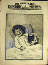 Original Old Antique Print 1883 Merry-Christmas Thomson Kitten Boy Bed Child Art