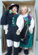 GATEFOLD BOXED PAIR VINTAGE HANDMADE SWISS COSTUME TRACHT DOLLS 20CM